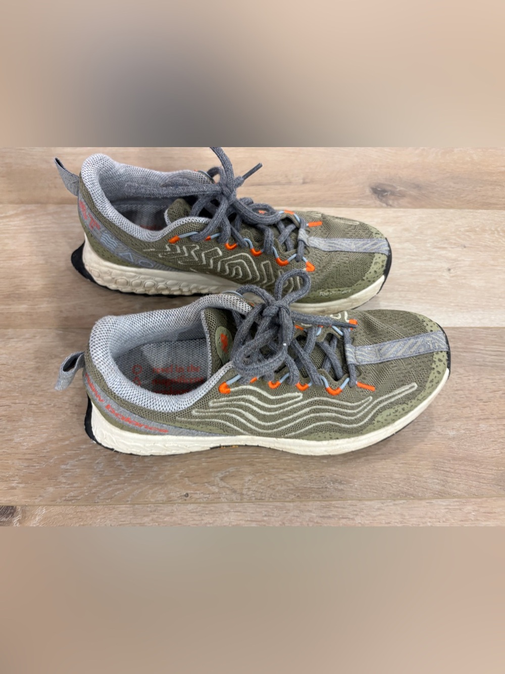 New Balance Olive Green Athletic Shoes with Orange Accents